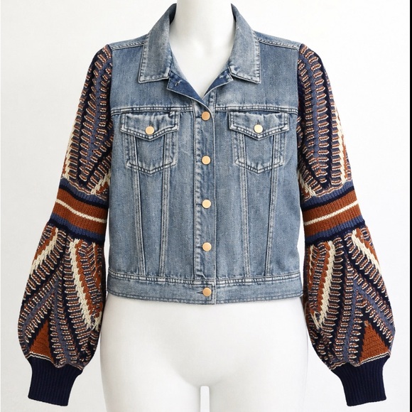 Flying Tomato Blue Denim Jacket boho crochet sleeves - Picture 2 of 6